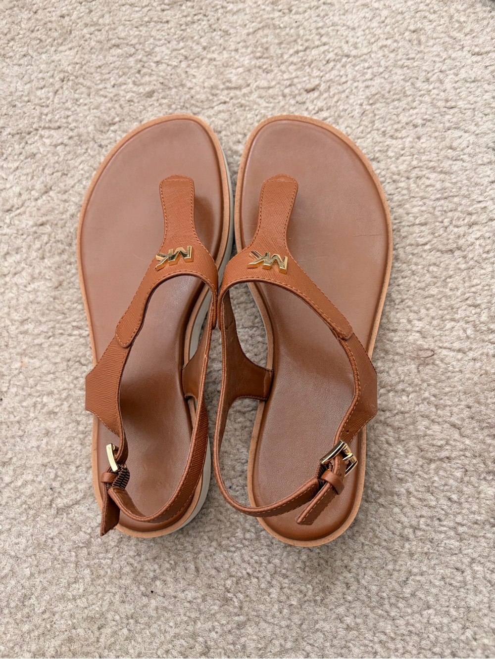 Michael Kors Brown Leather T-Strap Sandals with Gold MK Logo